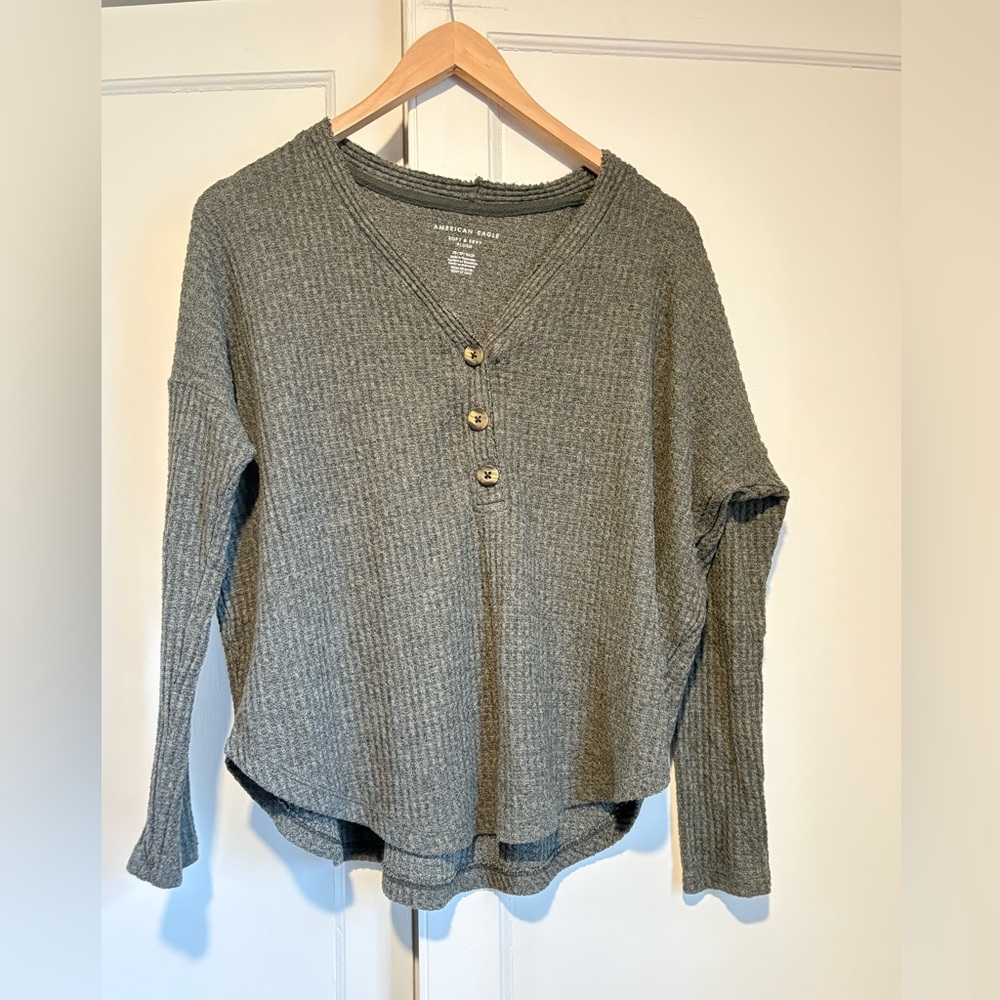 American Eagle Green Soft & Sexy Plush Waffle Knit Oversized Long Sleeve Shirt